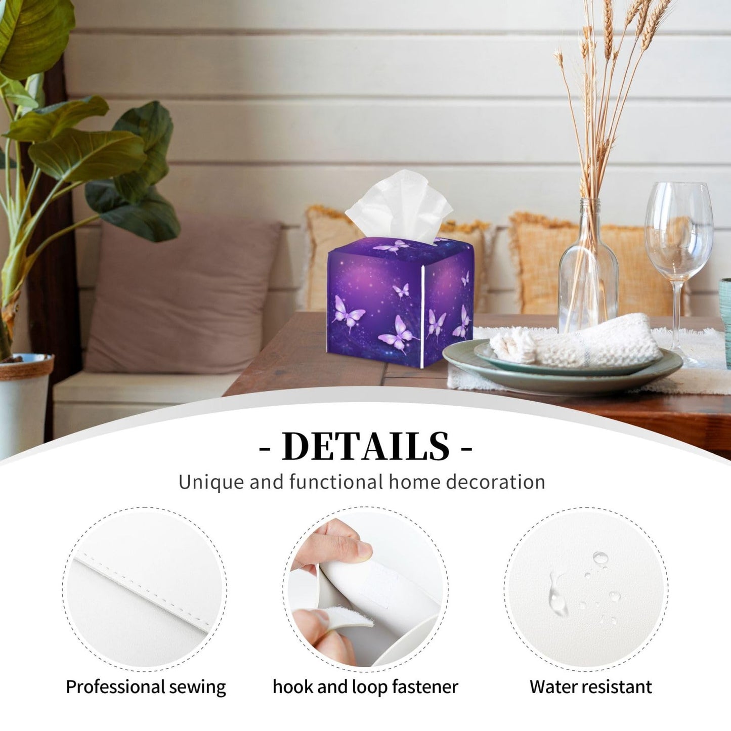 Square Tissue Boxes(5.2"x5.2"x5.2"), Firework Star Purple Butterfly Tissue Holder Decor for Vanity Countertop/Home/Car/Office