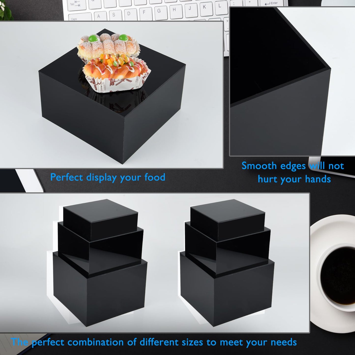 Bouiexye 3Pcs Black Buffet Risers Acrylic Boxes Display Food Risers for Buffet Table Platter Parties Weddings Catering Dessert Collectibles Figures Show ( 6''x7''x8'')