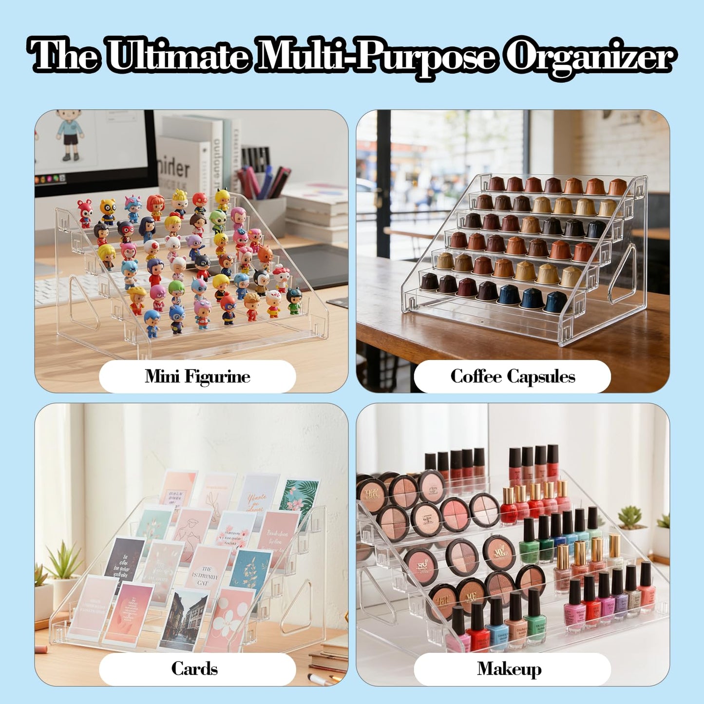 deapera 4 Pack 7 Tier Clear Acrylic Display Stand with Fences, Versatile Organizer for Button Pins, Graded Cards, Mini Figures, Makeup, Nail Polish & Coffee Capsules (4 Pack)