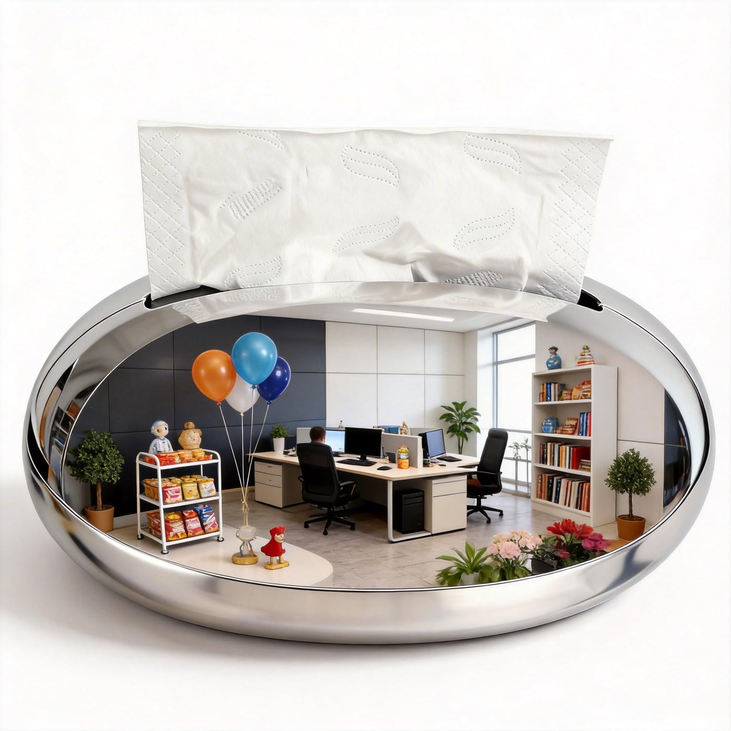 Silver Mirror Finish Plastic Tissue Box Cover – Magnetic Lid Oval Tissue Holder, Cubicle Mirror for Desk Design, Modern Luxe Office Decor & Tissue Box Organizer