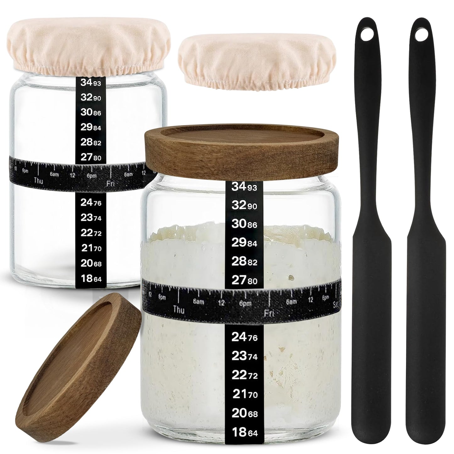 NAYYAB PRODUCTS Sourdough Starter Jar Kit Pack Of 2, 24oz Jar with Wooden lids, Ounce Scale Line, Silicon Scraper, Cloth Cover, Thermometer Sticker, Date Marked Feeding Band, Sourdough Jars