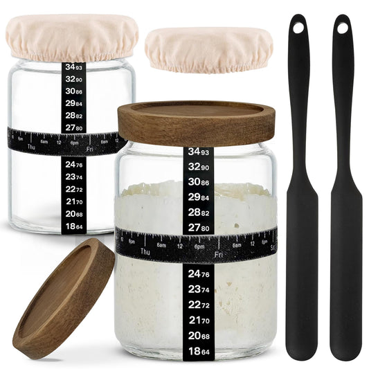 NAYYAB PRODUCTS Sourdough Starter Jar Kit Pack Of 2, 24oz Jar with Wooden lids, Ounce Scale Line, Silicon Scraper, Cloth Cover, Thermometer Sticker, Date Marked Feeding Band, Sourdough Jars