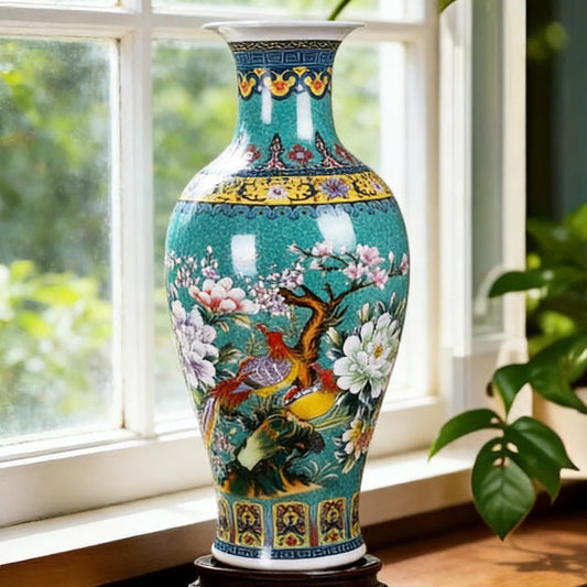 14” Jingdezhen Large Fishtail Ceramic Vase Golden Handmade Home Decorative Vase, Modern Luxury Accent for Living Room, Wedding, or Gift. Elegant Floral Arrangement Centerpiece. (Green)