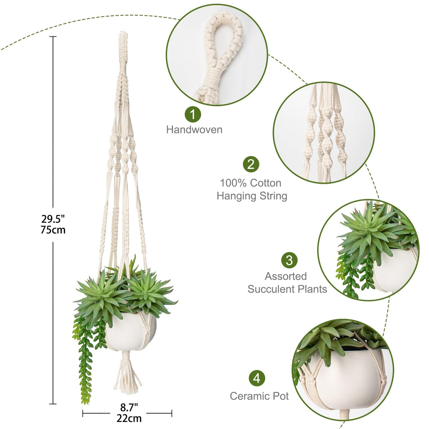 Briful Artificial Hanging Succulents in Ceramic Pot 29.5'' Fake String of Pearl Hanging Plants with Boho Hanging Macrame Planter for Home Office Bedroom Living Room Wall Hanging Decor