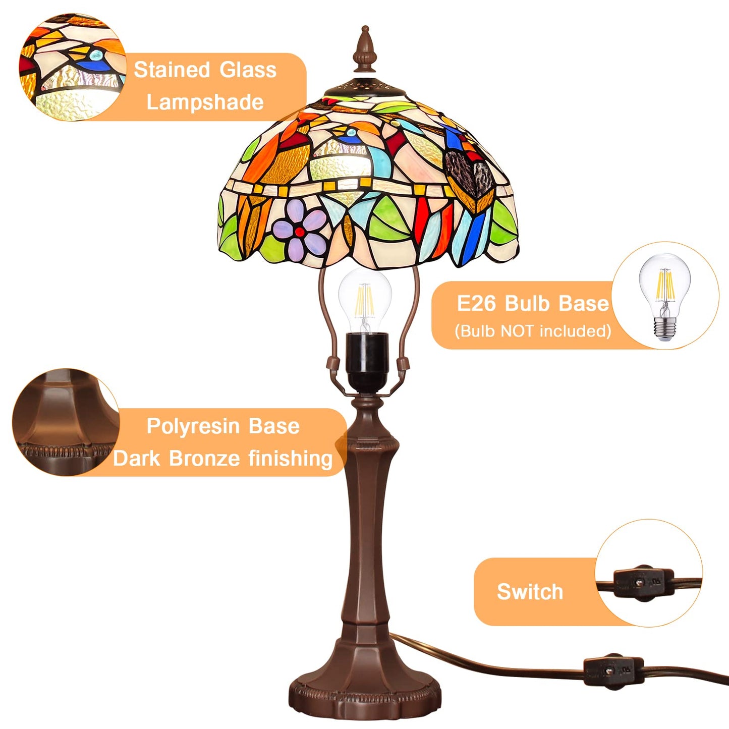 Capulina Tiffany Table Lamp Cardinal Birds Stained Glass 12x12x20 Inches