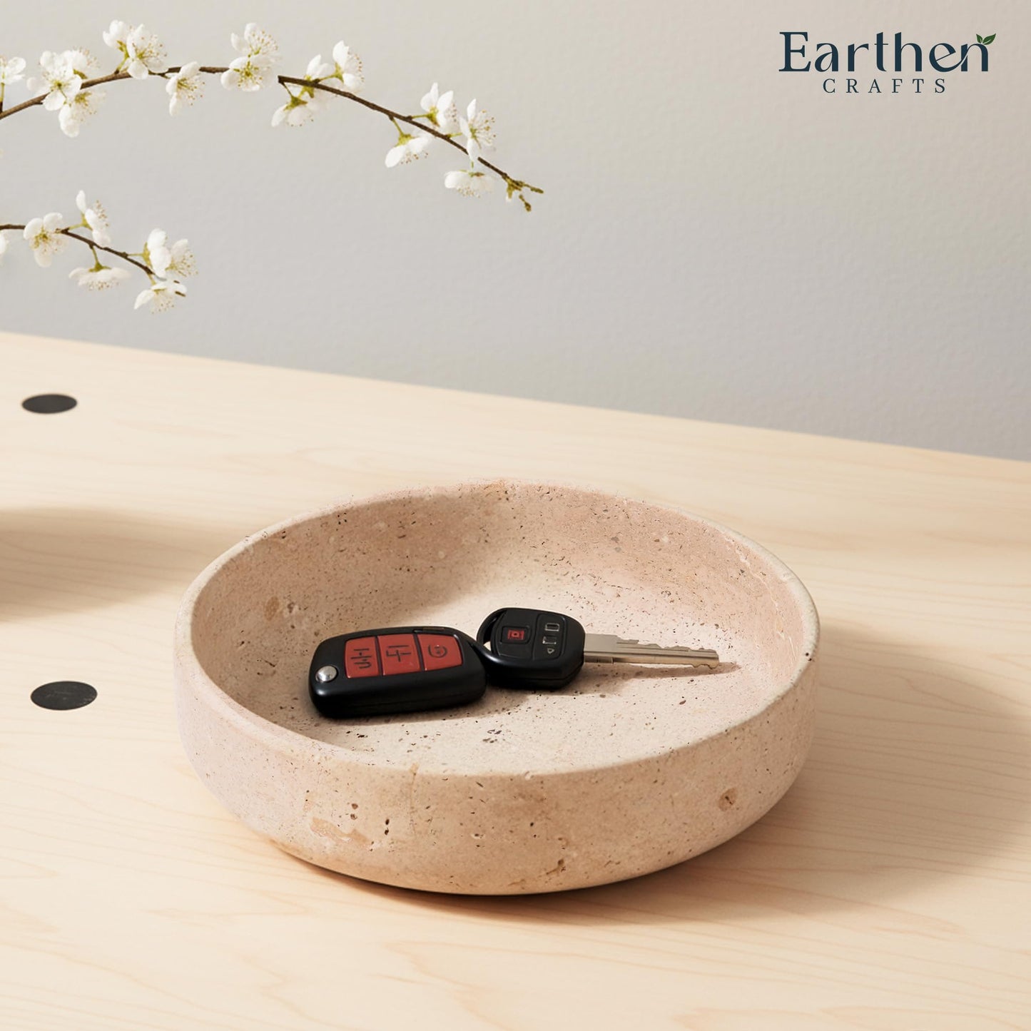 EARTHEN CRAFTS Marble Decorative Bowl 8" Inches Travertine Key Bowl for Entryway Natural Stone Fruit Bowl For Kitchen Counter, Serving Bowl For Coffee Table, Modern Home Centerpiece Decor