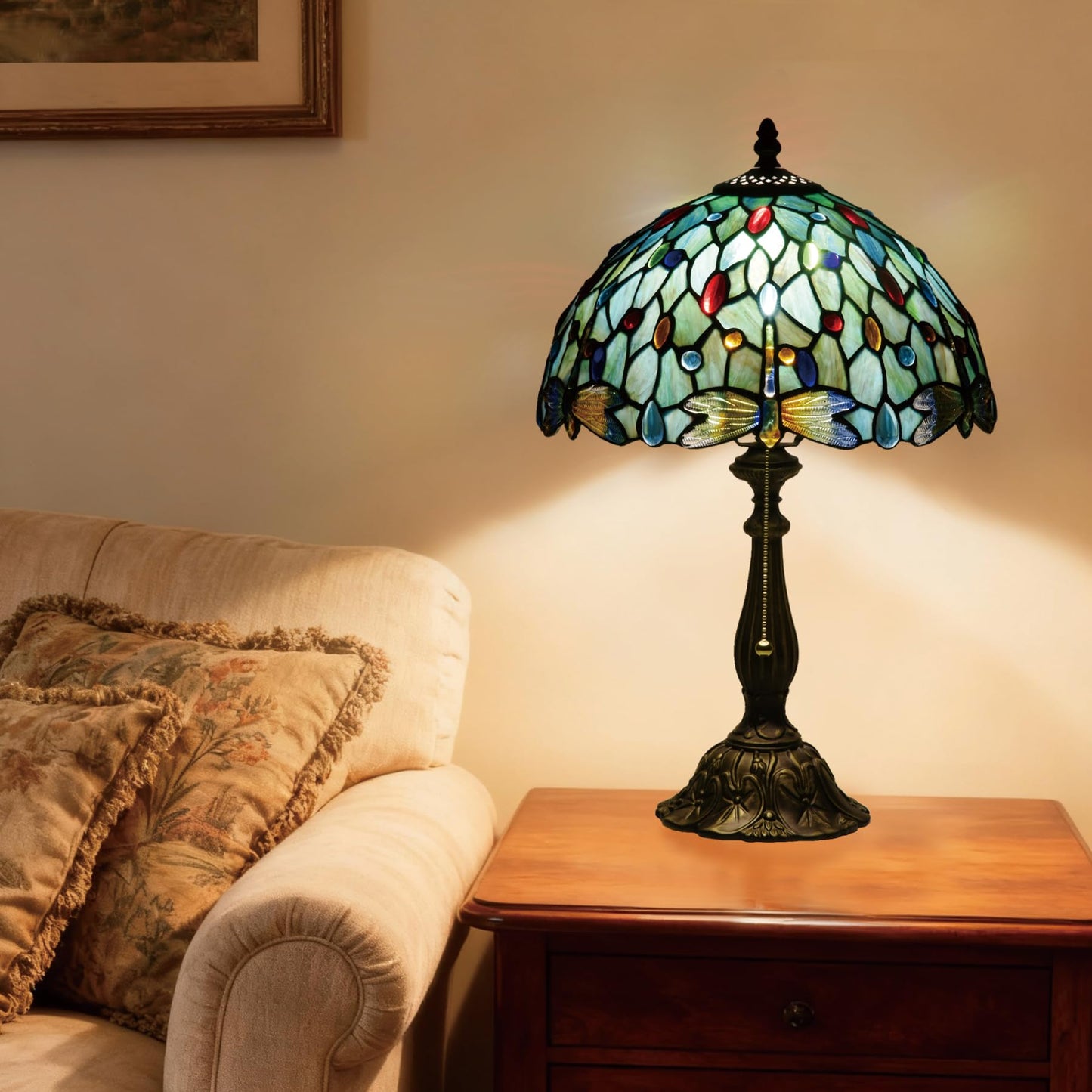 Msrzuds Tiffany Style Stained Glass Table Lamp 12-inch Dia Ocean Blue Dragonfly Design Lampshade Vintage Nightstand Light for Bedroom Dorm Living Hallway Cottage Office Cafe Ceremony Housewarming Gift