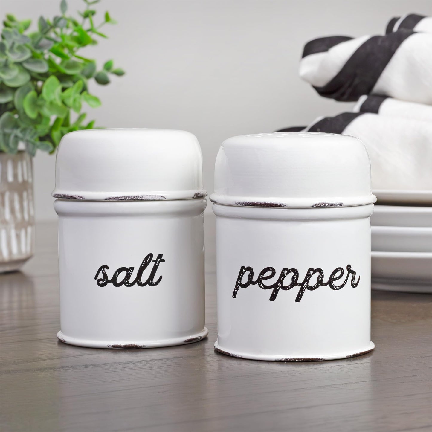 AuldHome Design Salt and Pepper Shaker Set (White); Rustic Enamelware Retro Vintage Style Shaker Set