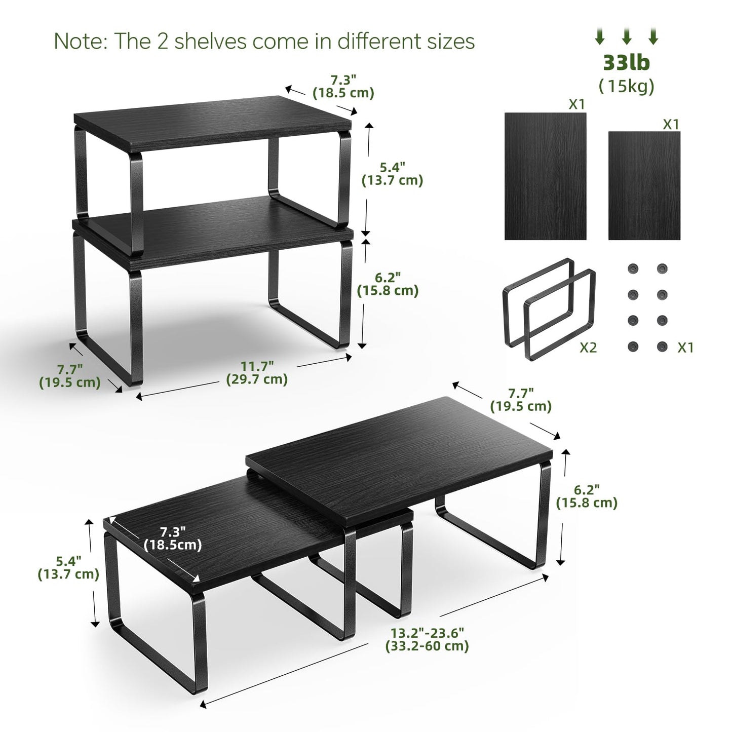 Simple Trending Cabinet Organizer Shelf, Set of 2 Stackable Kitchen Counter Shelves, Expandable Spice Rack Kitchen Storage Riser, Metal Engineered Wood, Black