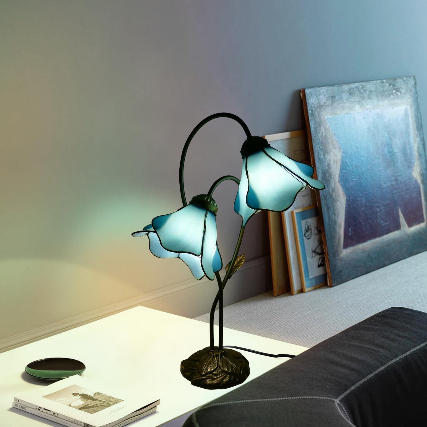 VirtueKing Blue Lotus Stained Glass Lamps Double Headed Desk Lamp 2-Light Tiffany Table Lamp 8" Wide 24" Tall Tiffany Style Table Lamp LED Bulb Included