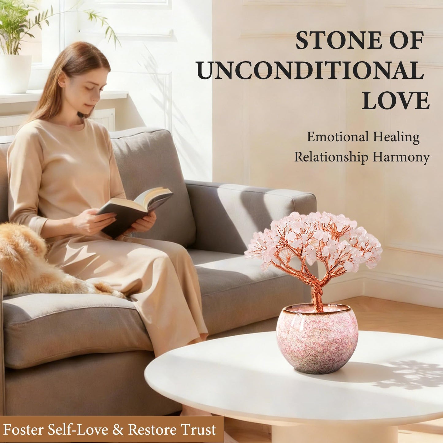 Runyangshi Crystal Tree of Life - Natural Rose Quartz Gemstone Tree, Handcrafted with 216 Crystal Gravel, for Feng Shui, Luck, Prosperity, Abundance, Home Decor, Spiritual Gift for Women