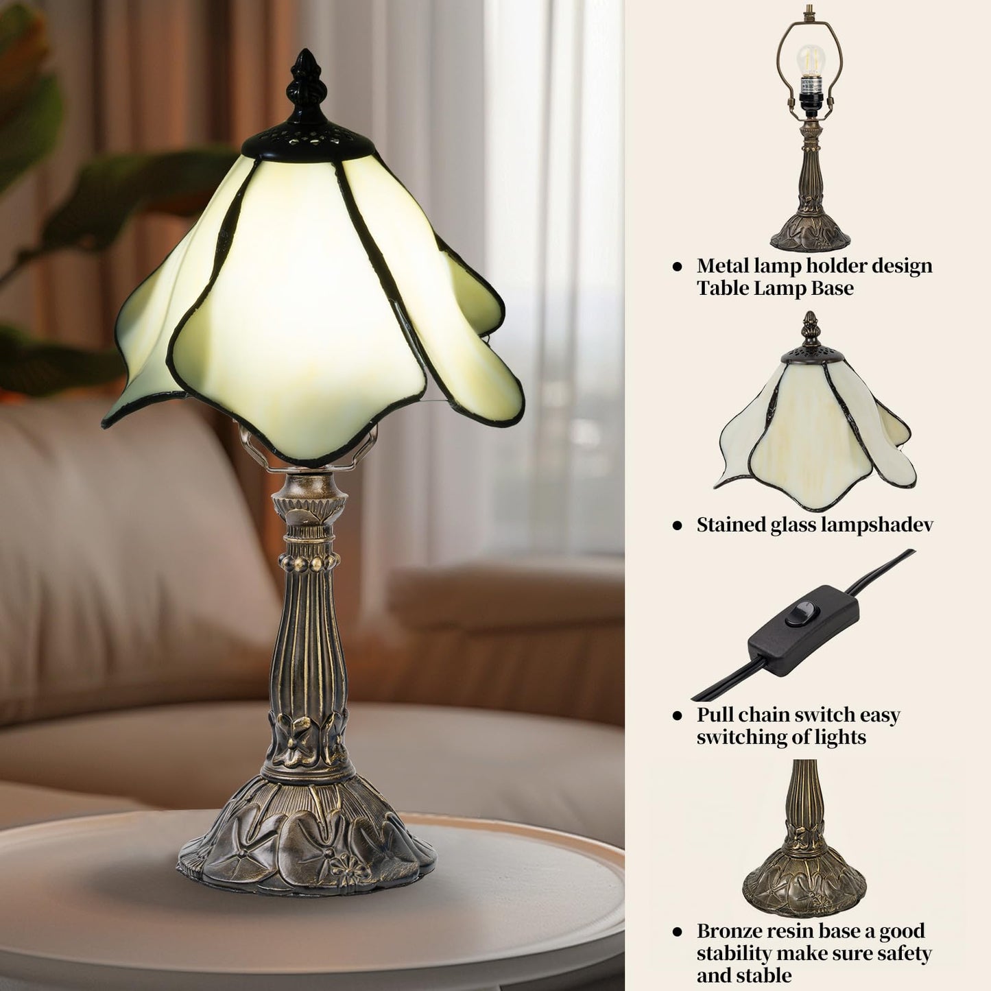 Nizrsky Tiffany Table Lamp,3 Color-Temperature Flowers Stained Glass Lamp,8 Inch Tiffany Style Lamp for Bedroom Living Room Home, Handcrafted Light, Included Bulb (Warm White)