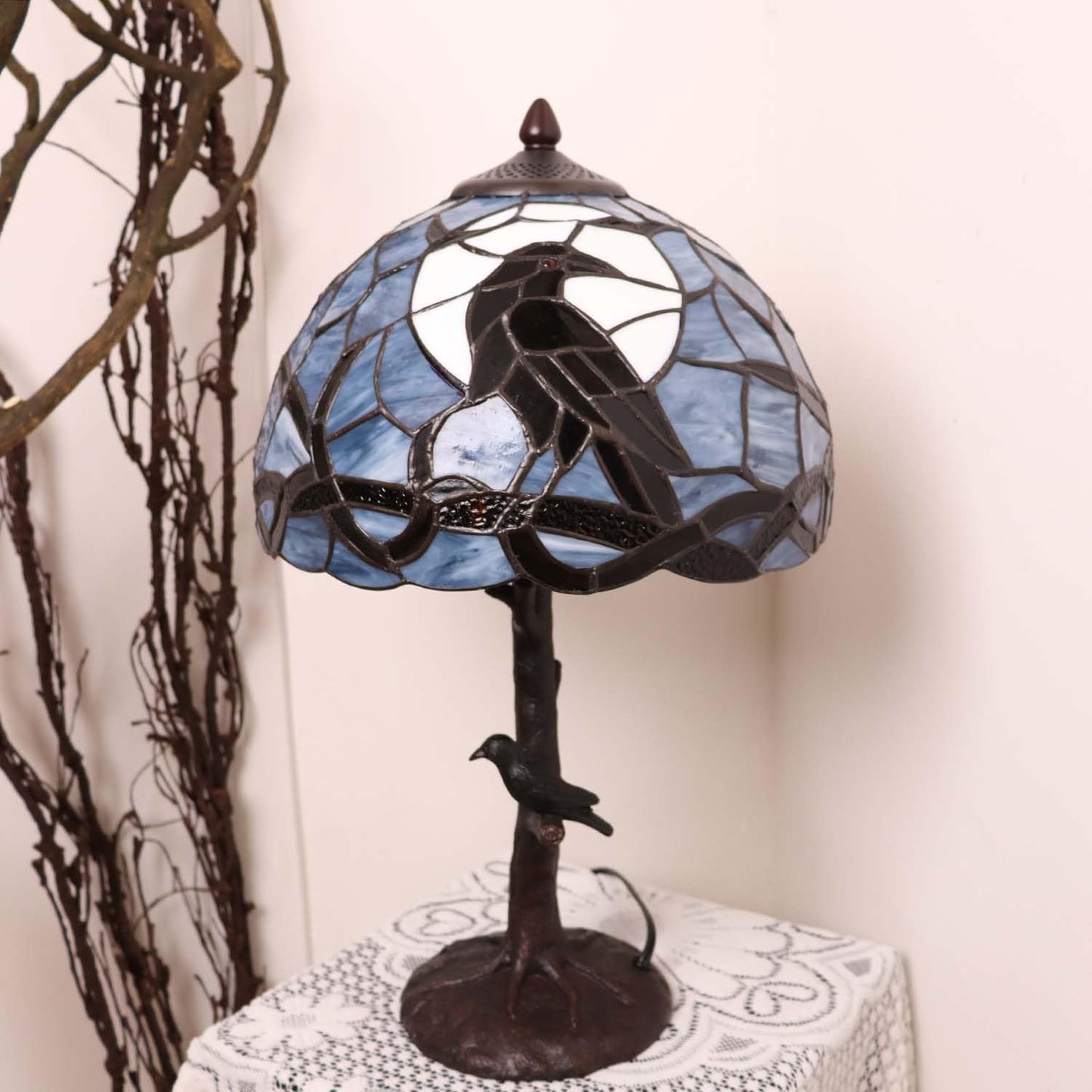 Bieye L10956 Raven Sitting on Bare Tree Branch in Full Moon Night Tiffany Style Stained Glass Table Lamp for Home Decor (Dark Blue, 12Wx20H)