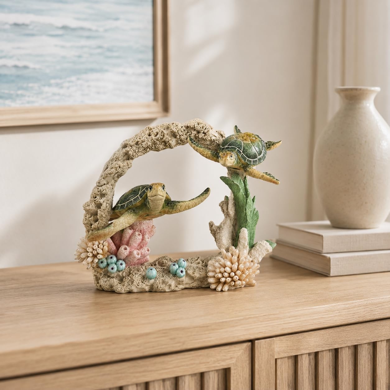 Comfy Hour 9" Sea Turtle Figurine on Coral Reef, Decorative Coastal Sculpture for Home Office Desktop, Artisan Crafted Marine Animal Statue, Ocean Voyage Collection, 1 Unit