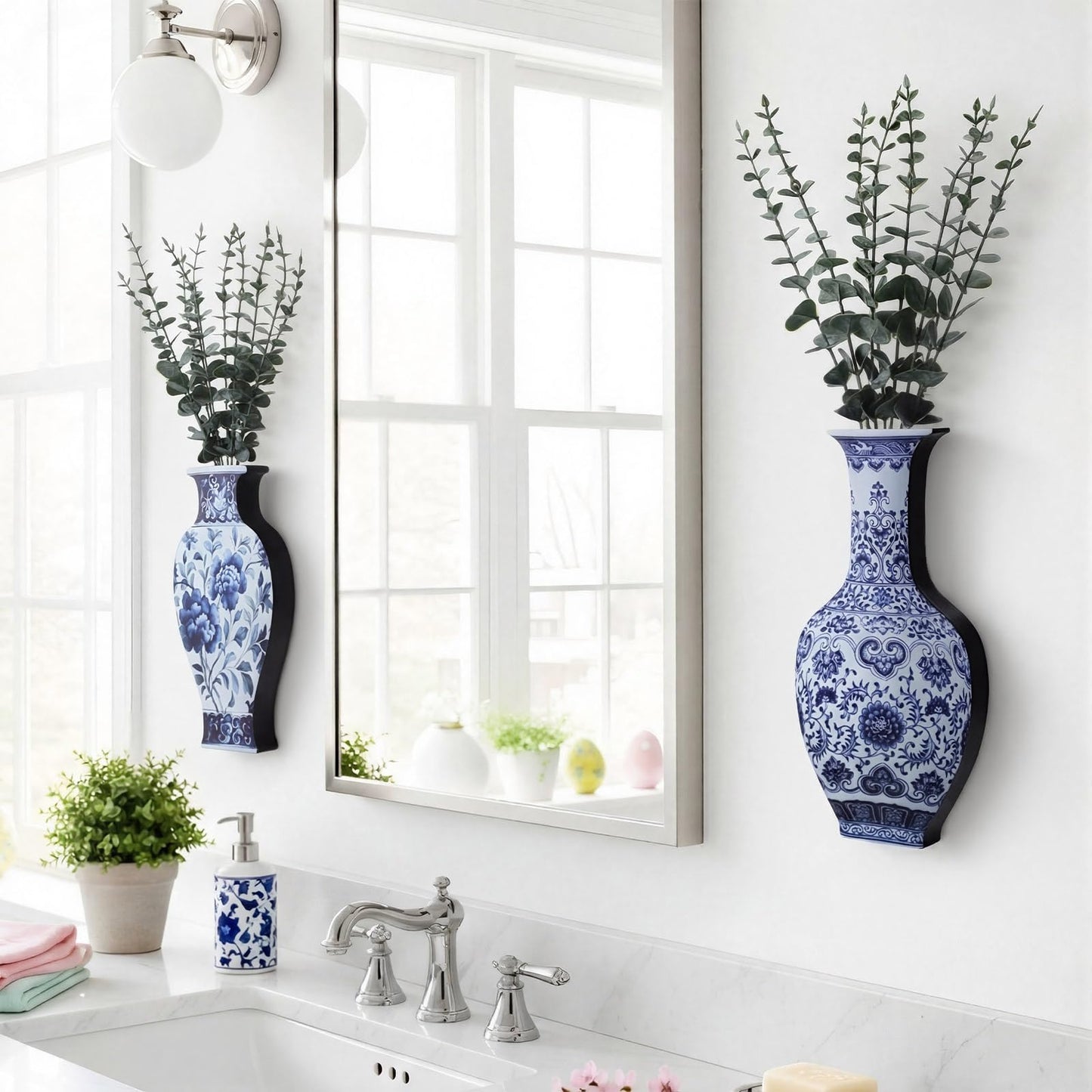 Blulu 2 Pack Wooden Wall Vase Set with Faux Eucalyptus Plants Blue and White Wooden Chinoiserie Wall Vase Modern Farmhouse Art Decor Hanging Planters for Home Office Tabletop