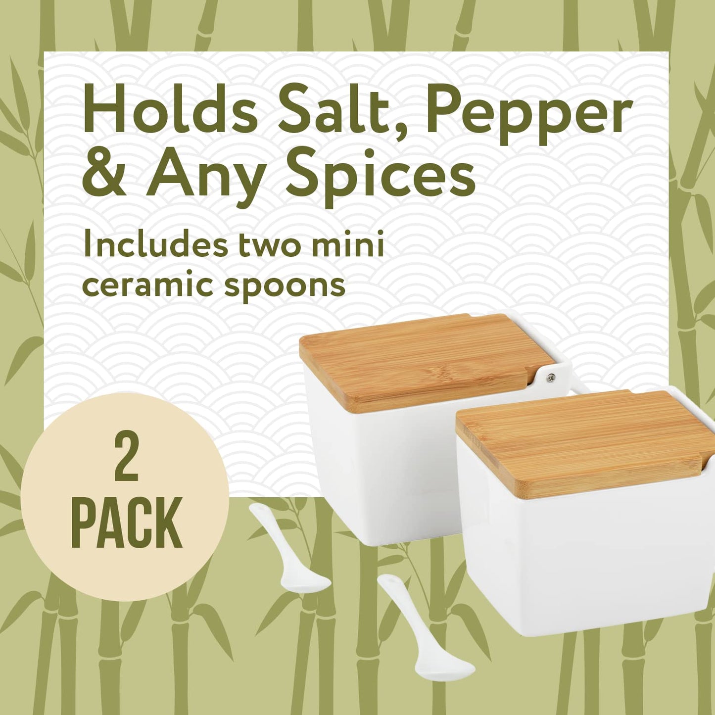 Impresa 2-Pack Japanese-Style Salt Box - Moisture-Barrier Lid Salt Cellar with Hinged Lid for Minimalist Decor & Kitchen Decor - Easy-Access Serving Container with Spoon - White Ceramic