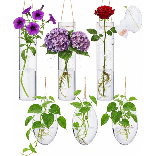 Zopeal 6 Set Wall Hanging Glass Planter Terrarium Propagation Station Vase Container Watering Squeeze Bottle with Rope and Hook for Hydroponic Plants Flower Home Decor Gifts (Elegant Style)