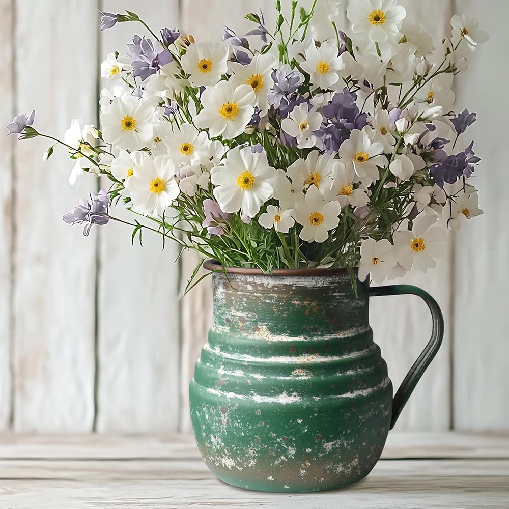 Chadechimo Rustic Metal Farmhouse Vase Shabby Chic Small Pitcher Fall Vase Brown Decorative Vase for Farmhouse Kitchen Decor（Green）