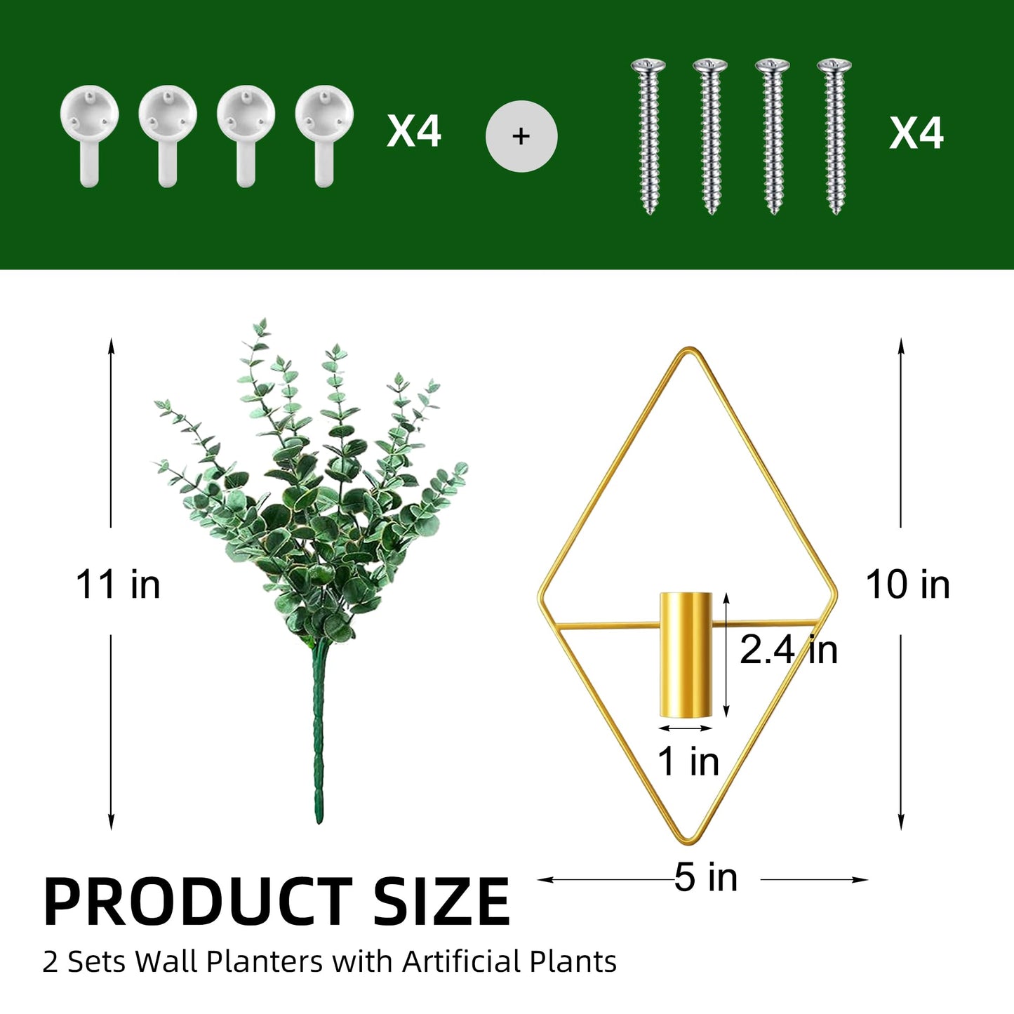 LZRHORR 2 Pack Gold Wall Decor Hanging Planters with Artificial Plants Metal Hanging Vase Indoor Plants Holder Modern Boho Wall Art for Bathroom Bedroom Living Room Office (Gold, Eucalyptus)