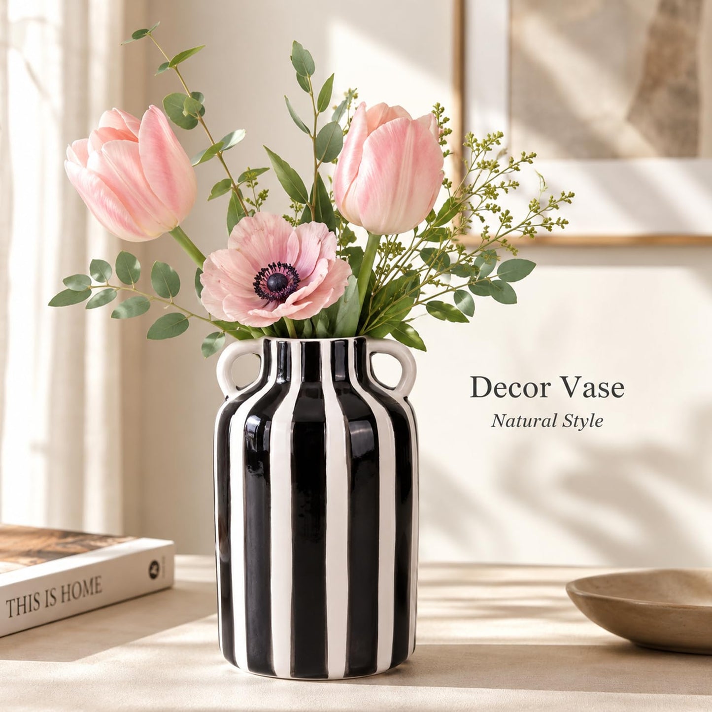 Blue and White Striped Ceramic Vase with Handles, Hand Painted Small Flower Vase for Tabletop Shelf Mantel Kitchen Counter Home Decor, Single Decorative Jar (Black)
