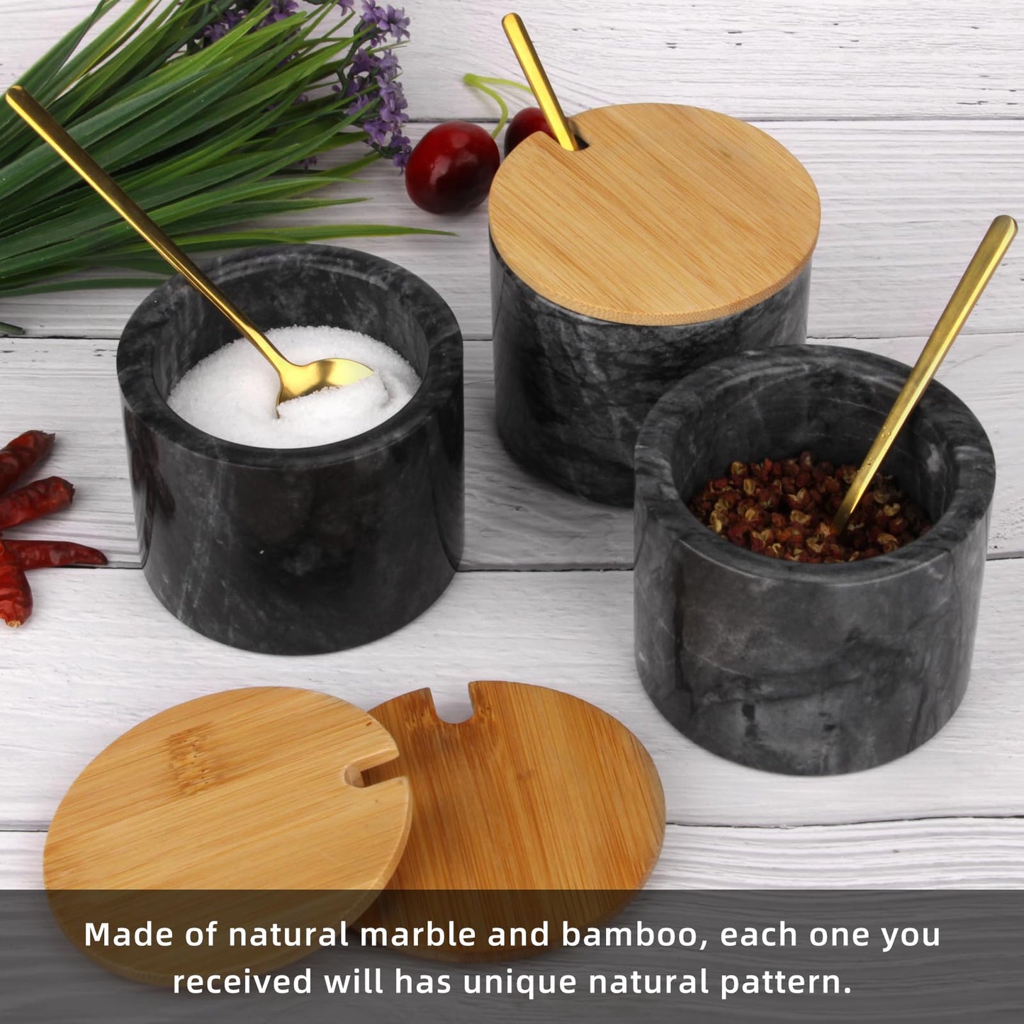 HESHIBI Marble Salt Cellar Box with Bamboo Lid & Metal Spoon, Modern Stone Salt or Pepper Sugar Spice Seasoning Bowl Container Jar Holder Well Keeper Dish Pig Crock for Kitchen (Dark Grey)