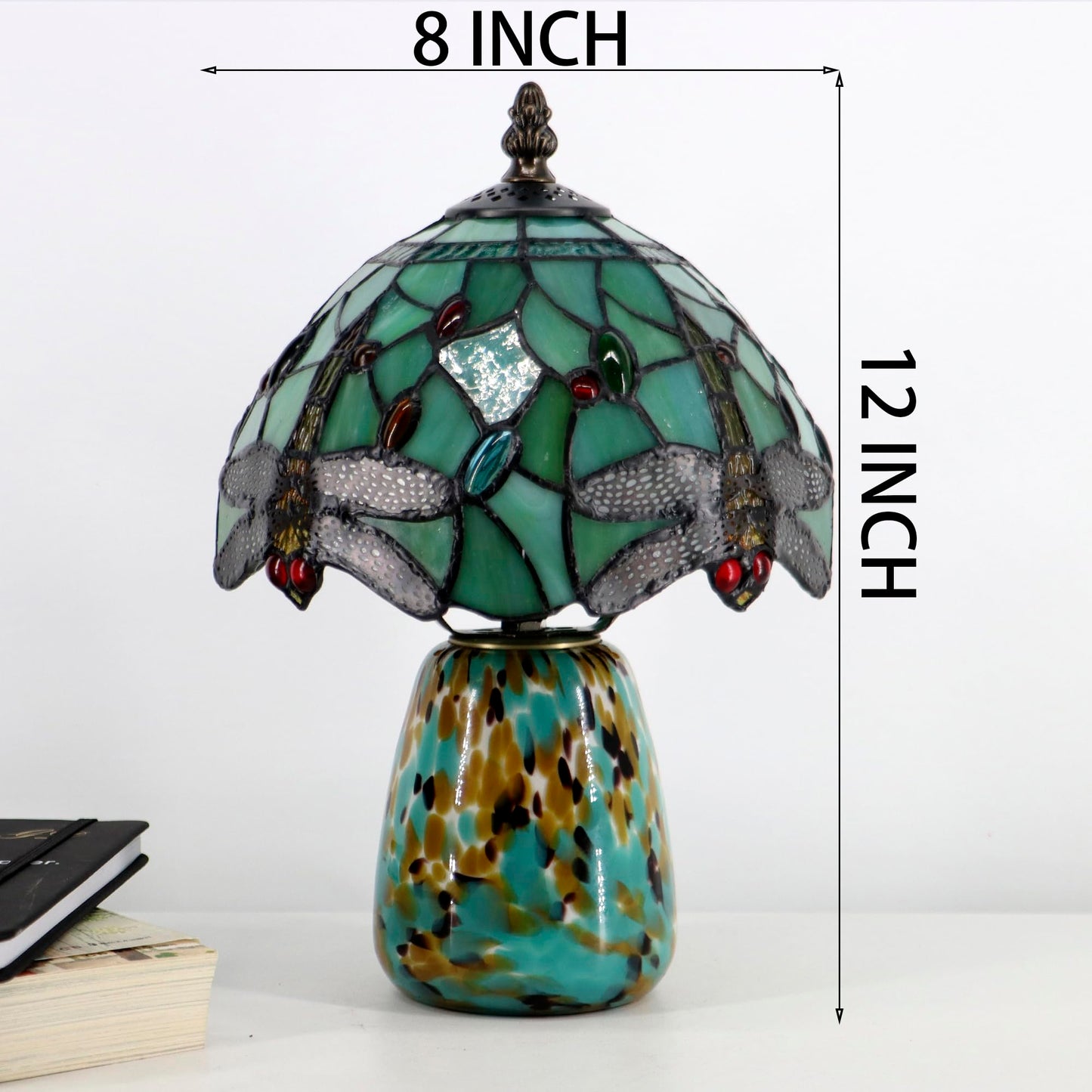 Tiffany Mushroom Table Lamp Dragonfly Style Grass Green Stained Glass Accent Lamp Brown Blue Glass Base 8X8X12 Inch