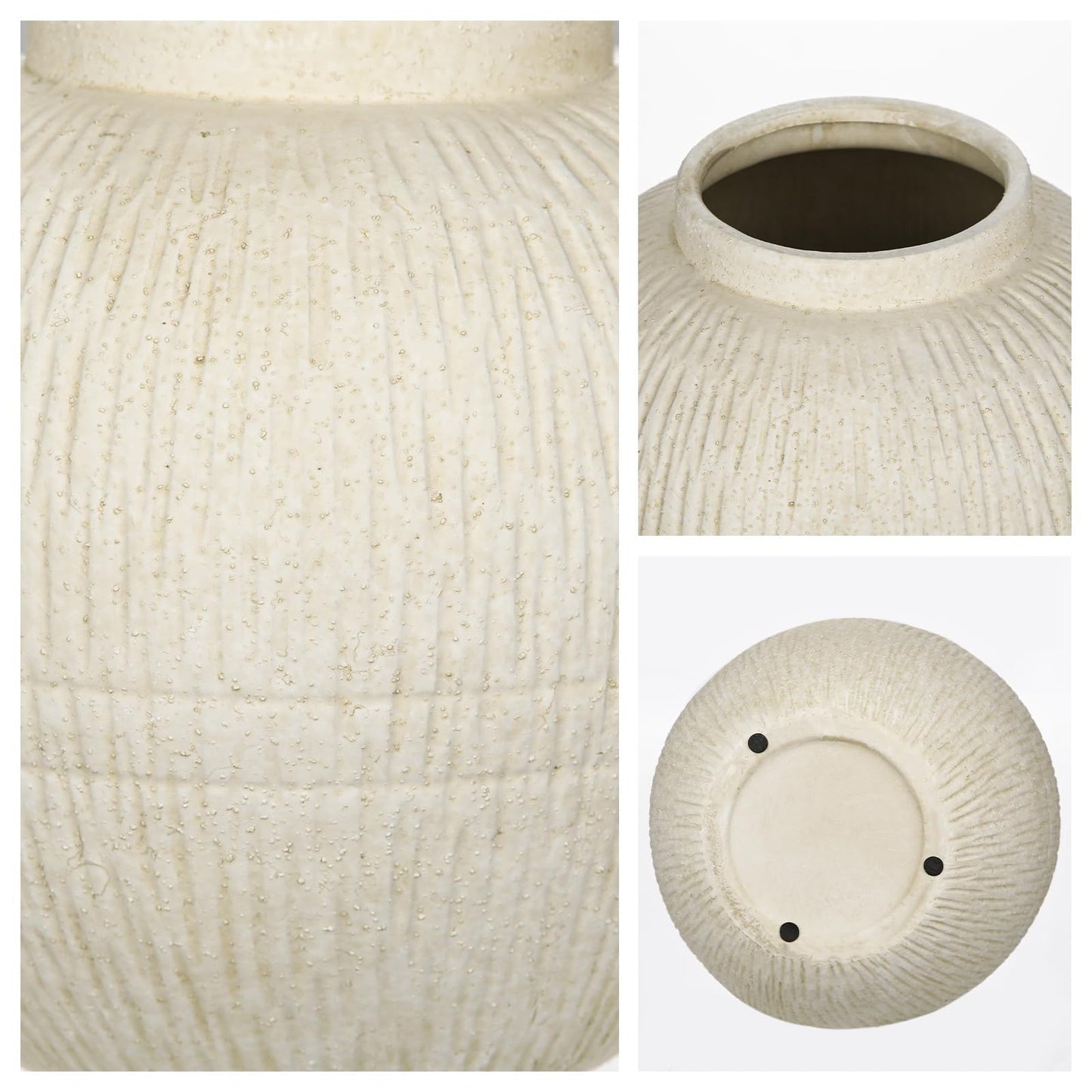 9" Large Rustic Vase with Linear Sculpture and Rich Sand Texture, Round Ceramic Vase with Wide Belly for Space Filling Decor, Retro Style & Beige White