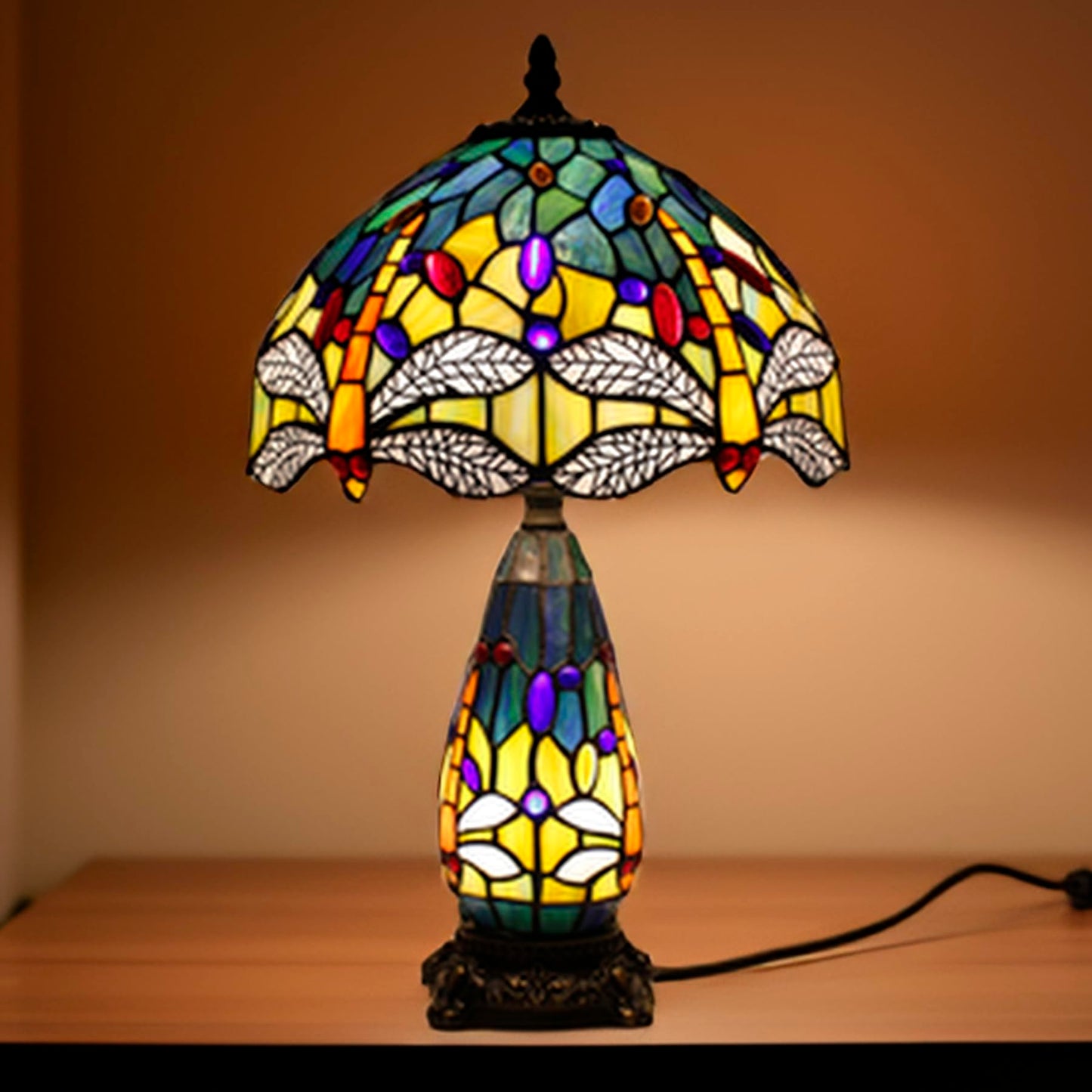 TCODTPOL Tiffany Stained Glass Table Lamp 12X19 Inches Blue Yellow