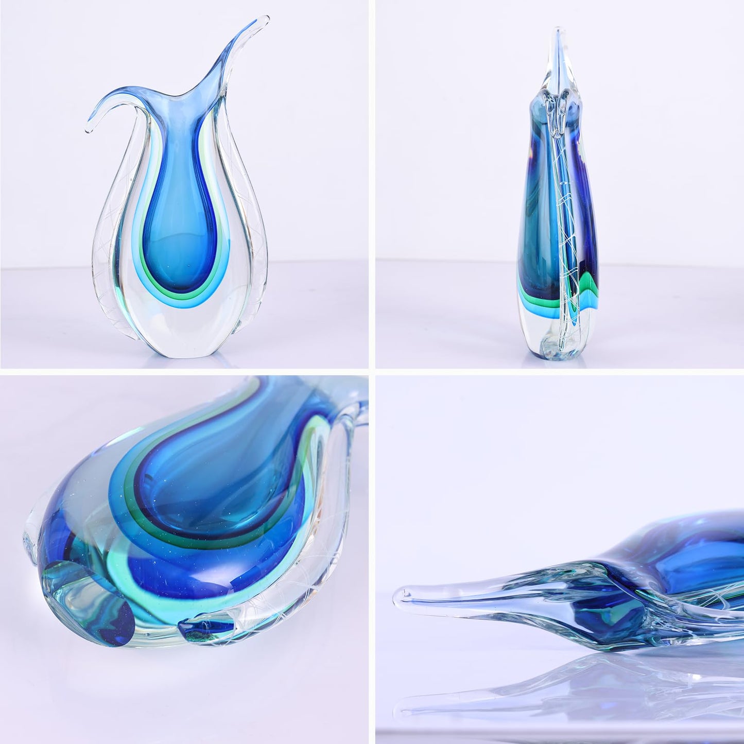 Blown Glass Blue vase, Unique Murano Style Glass Art Deco vase for Living Room TV Stand, Table Setting, Office, Room and Desktop Decorations and Ornaments.