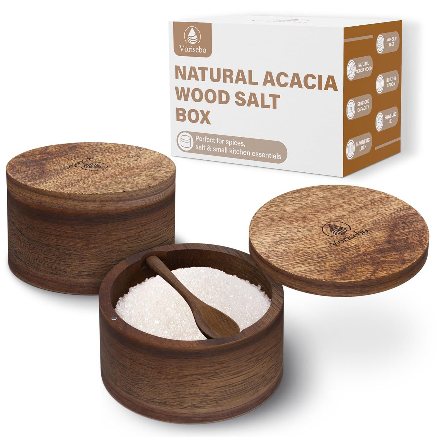 Set of 2 Acacia Wood Salt Container with Built-in Spoon, Elegant Salts Holder with Magnetic Swivel Lid, Each Salt Cellar Box Capacity 6OZ for Kitchen to Storage Pepper, Spice or Favorite Seasonings