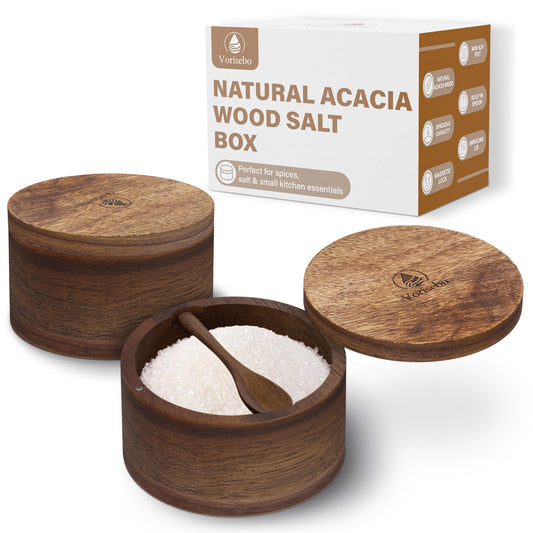 Set of 2 Acacia Wood Salt Container with Built-in Spoon, Elegant Salts Holder with Magnetic Swivel Lid, Each Salt Cellar Box Capacity 6OZ for Kitchen to Storage Pepper, Spice or Favorite Seasonings