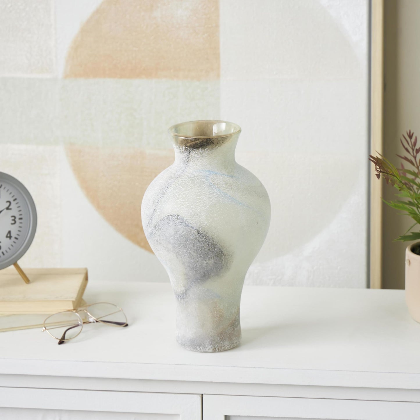 Deco 79 Glass Decorative Vase Distressed Centerpiece Vase with Blue and Tan Texturing, Flower Vase for Home Decoration 7" x 7" x 12", Cream