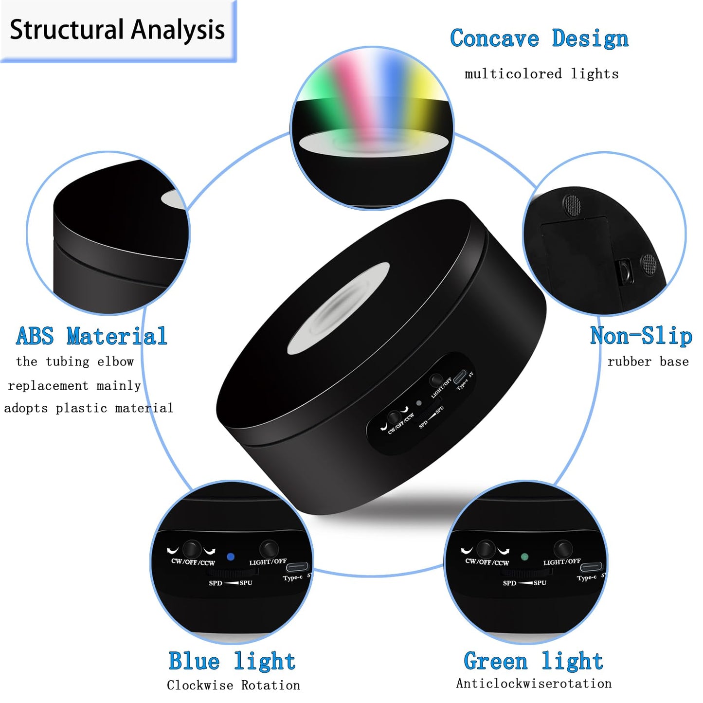 YVV LED Rotating Display Stand, Lighted Base-Crystal Glass Art, 360 Degree Automatic Mute Rotating Turntable, Motorized Display Stand with Colorful Lights, Tumbler Supplies Spinner 4.72in