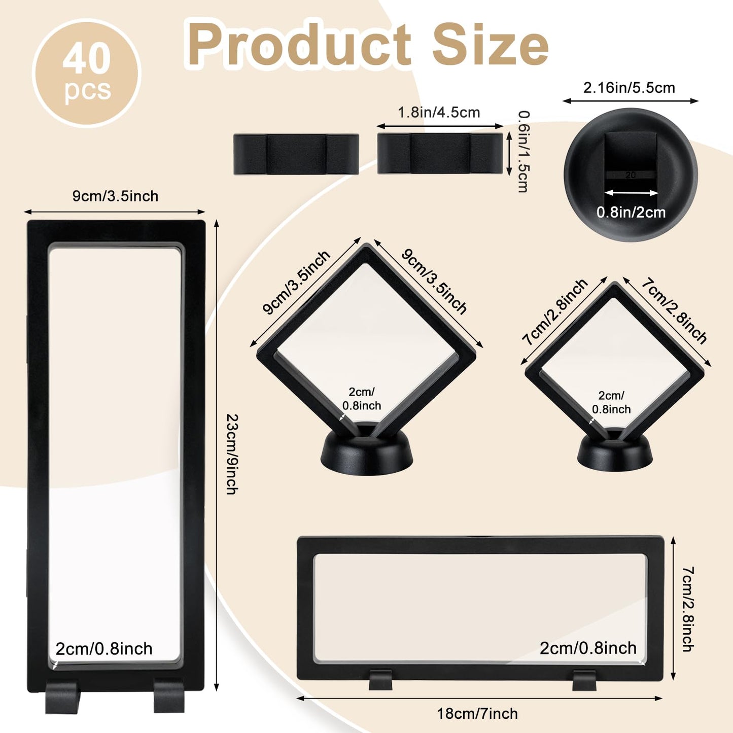 QLFJ-FurDec 40 PCS Floating Display Case, 3D Challenge Coin Display Holder Frames with Stands, Transparent PE Jewelry Storage Box for Butterfly, Medallion, Shells, Gems, Pins, Specimen (Black)