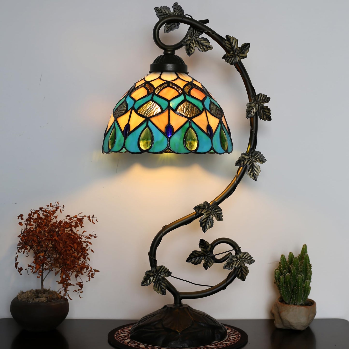 ZYLINX Small Tiffany Lamp Stained Glass Desk Light Blue Phoenix Tail Style
