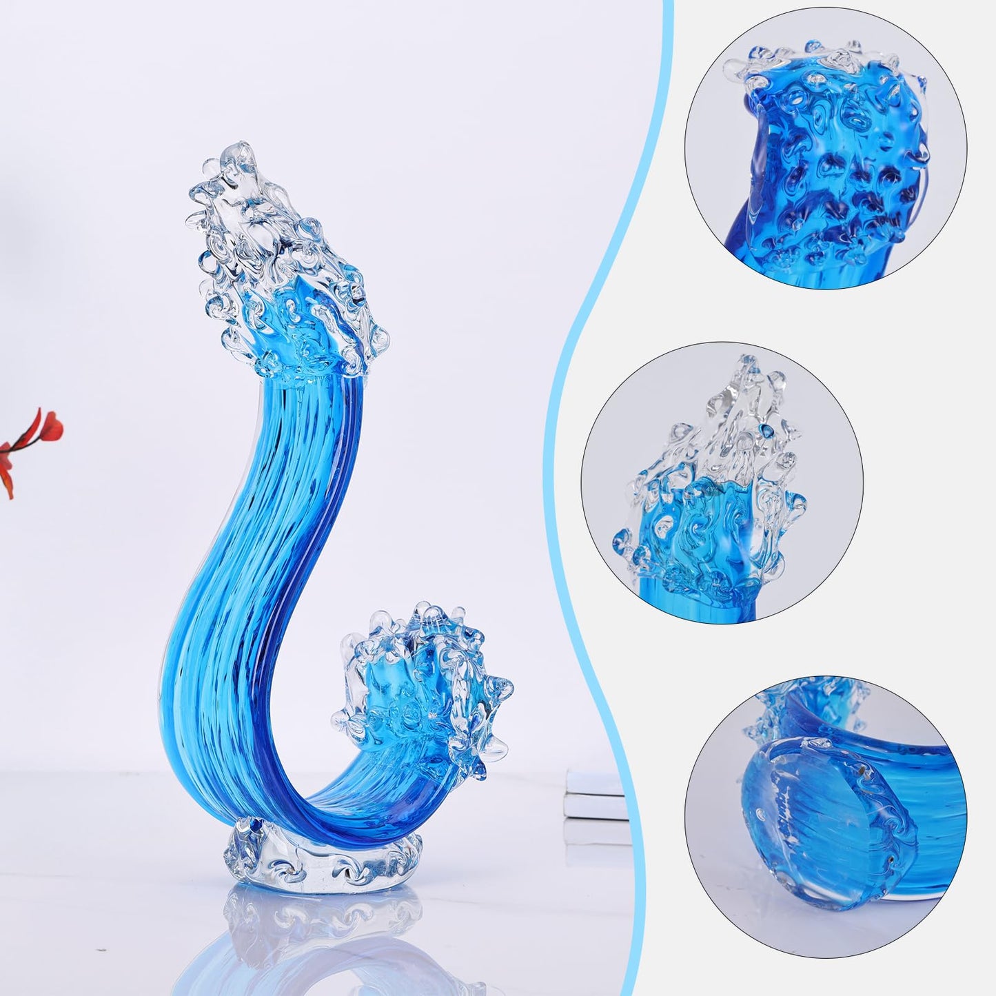 JexaTrek Blue Glass Sculpture Home Decor, Hand Blown Glass Art Statue, Glass Ocean Waves Home Living Room Decorations for Office Bookshelf Coffee Table Room Console Decor Accents.
