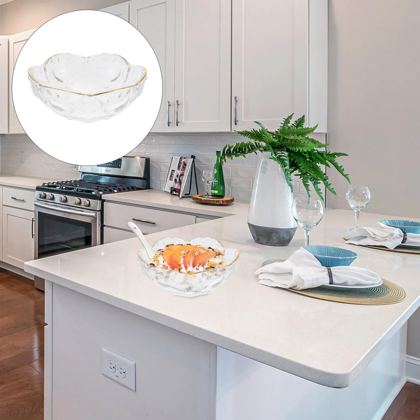 Toyvian Glass Salad Bowl with Gold Rim, 6inch Flower Shaped Decorative Serving Bowl for Dessert Fruit Popcorn and Snack Elegant Clear Glass Kitchen Tableware for Home Dining Parties