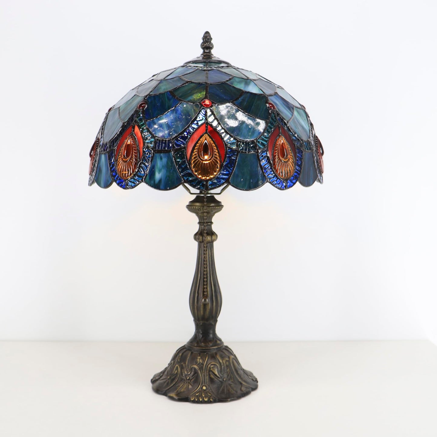 Tiffany Lamps Blue Peacock Tail Style Stained Glass Table Lamp Desk Bedside Reading Light 12X12X18.5 Inches with Bronze Resin Base Applicable to Bedroom Living Room Office