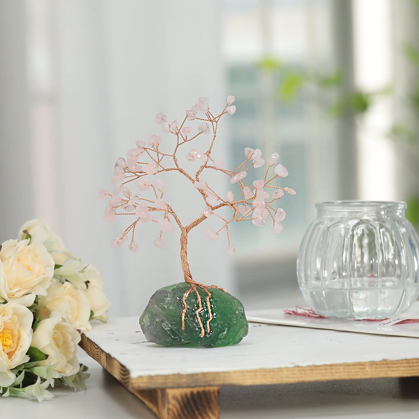 TUMBEELLUWA Natural Crystal Chip Stones Money Tree for Feng Shui Decor, Copper Wire Stone Bonsai Tree Figurine with Irregular Fluorite Stone Base, Rose Quartz