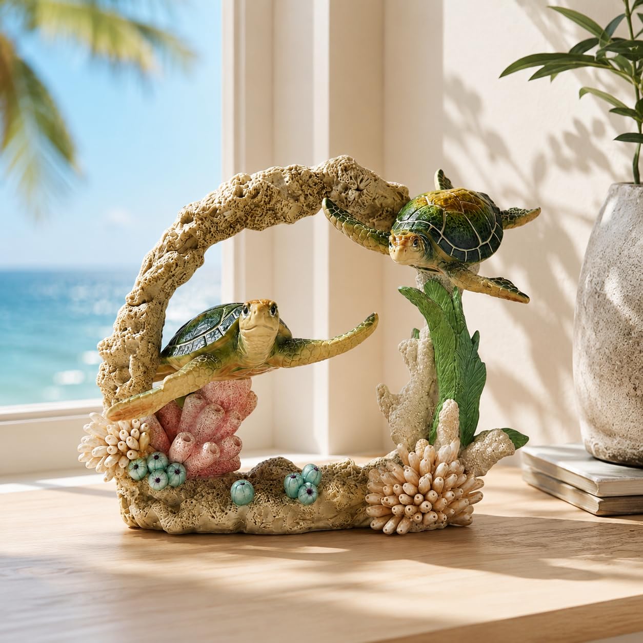 Comfy Hour 9" Sea Turtle Figurine on Coral Reef, Decorative Coastal Sculpture for Home Office Desktop, Artisan Crafted Marine Animal Statue, Ocean Voyage Collection, 1 Unit