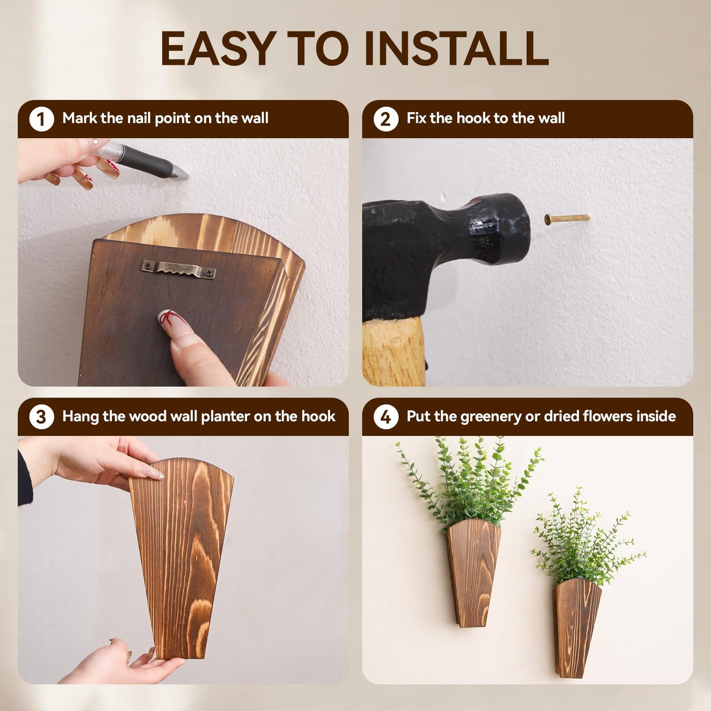 Artilady 2 Pack Wooden Wall Vase Boho Decor, Wall Mounted Hanging Planter for Indoor Modern Farmhouse Wall Art for Living Room Bathroom Hallway Bedroom (Charcoal, Fan Tapered)