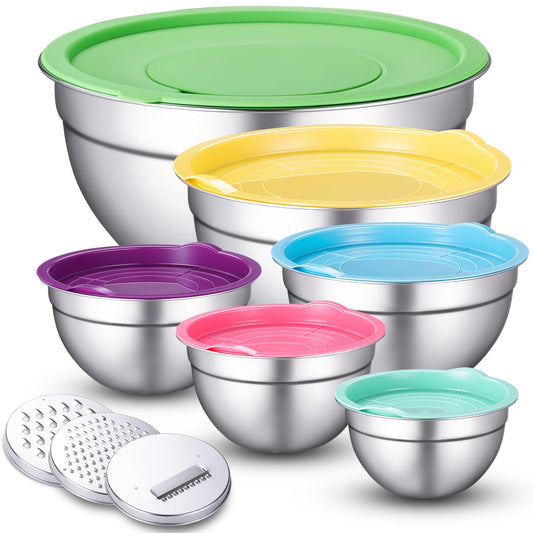 Xyingshine Stainless Steel Mixing Bowls with Lids, 6-Size Nesting Set 0.7-4 QT, 3 Grater Inserts for Meal Prep, Baking, Serving & Storage