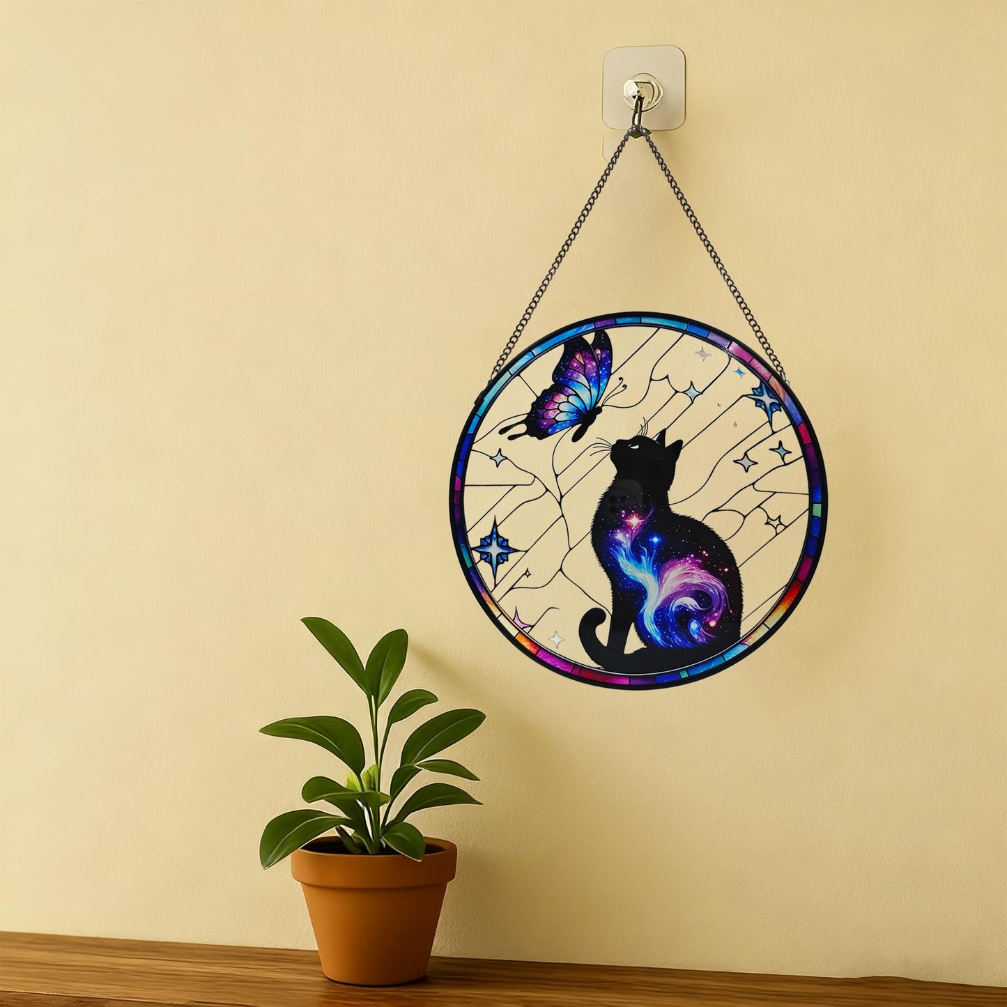 ZUSANG Black Cat Stained Glass Window Hanging, 9.8'' Black Cat & Butterfly with Nebula Design Suncatcher Indoor Outdoor Home Decor for Cats Lovers, Gift for Halloween