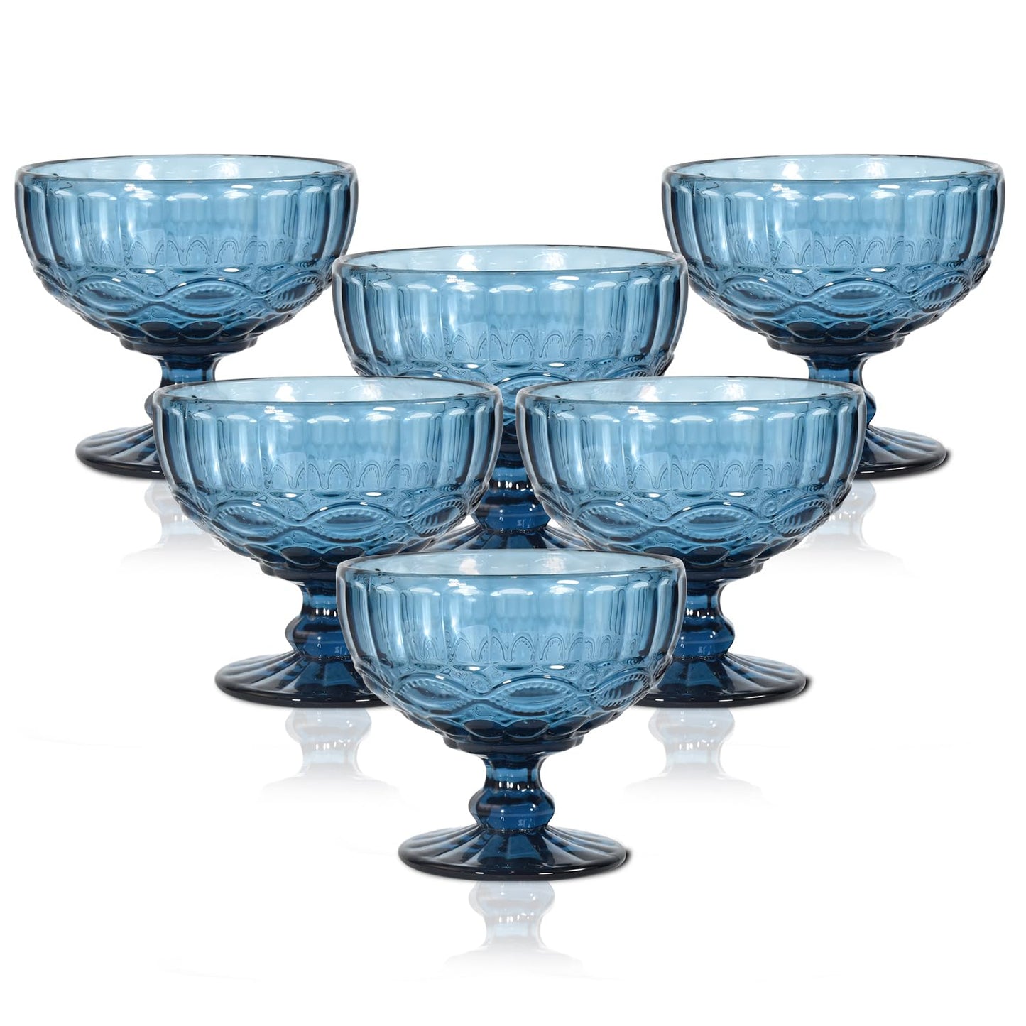 CHLJAR Glass Ice Cream Bowls - Set of 6, Small Glass Bowls Blue Vintage Pressed Pattern Ice Cream Cups/Dessert Bowls for coconut peach ice cream Fruit Pudding Trifle Parfait(12 Oz, Serpentine)