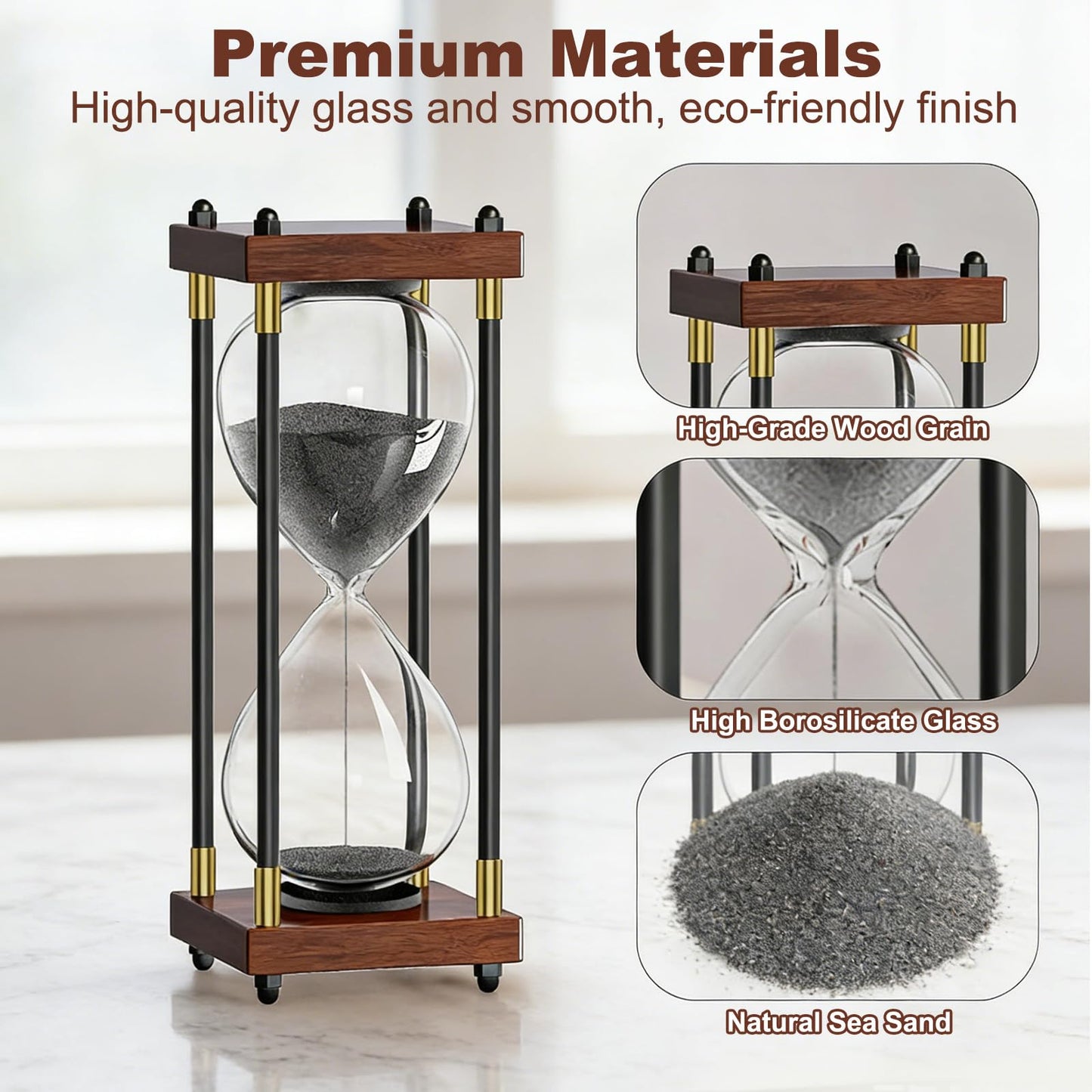 Large Hour Glass Sand Timer, 60 Minute Sand Clock with Wooden Frame, Hourglass Timer(Black)