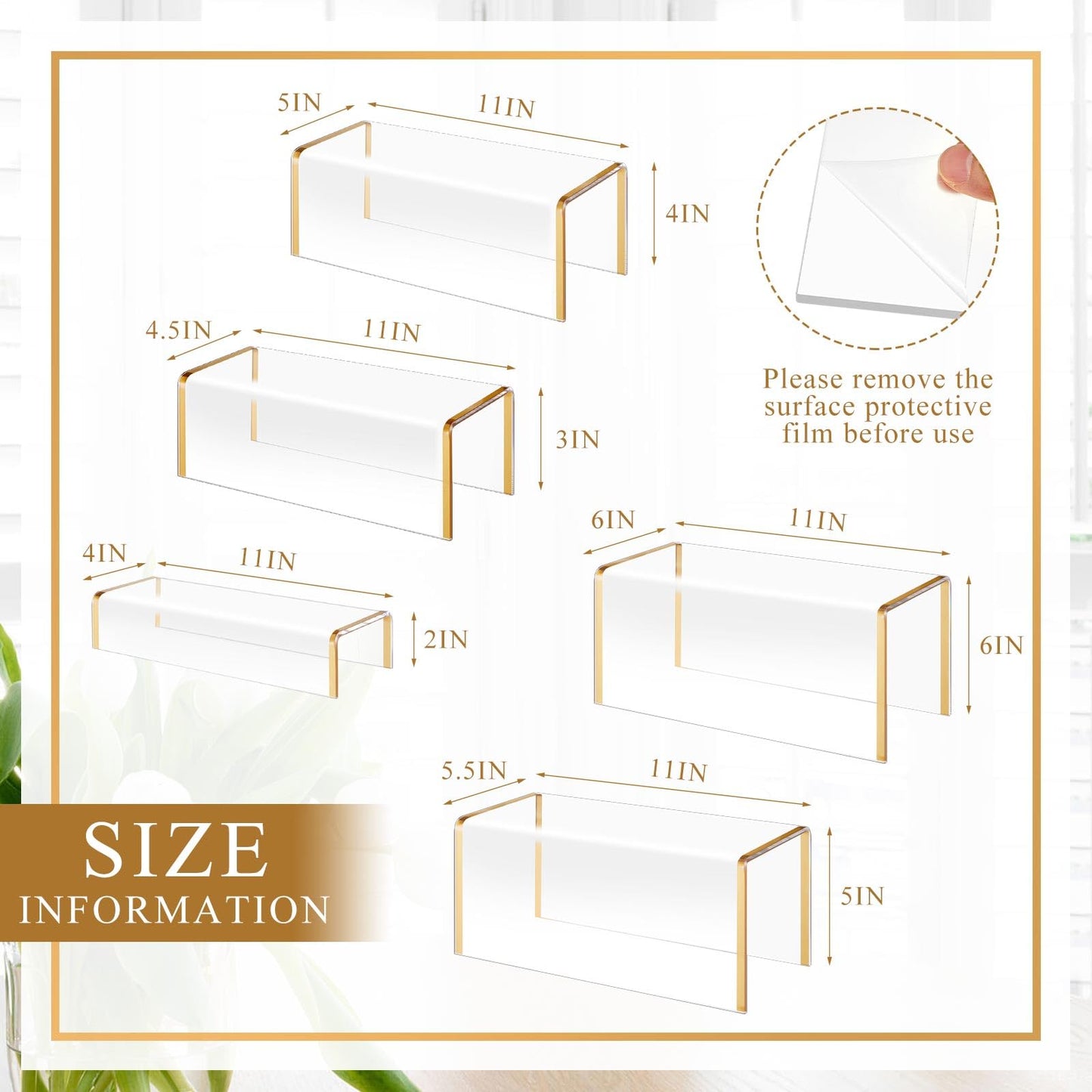 RattanView 5 Pack Clear Acrylic Purses Display Stands, 11" L 5mm Thick Luxury Purse, Handbag, Jewelry & Perfume Risers, Gold Luxury Shoe Display Riser for Closet, Boutique, Vendor Events (5 Tier)