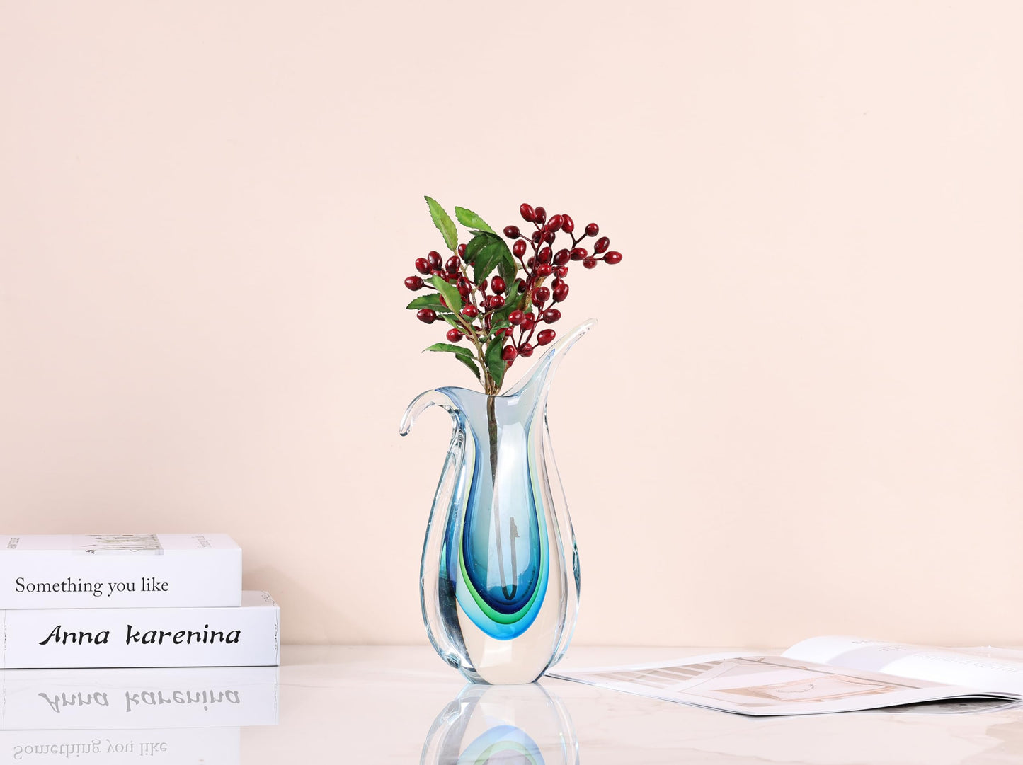 Blown Glass vase, Unique Murano Style Glass Art Deco vase for Living Room TV Stand, Table Setting, Office, Room and Desktop Decorations and Ornaments.
