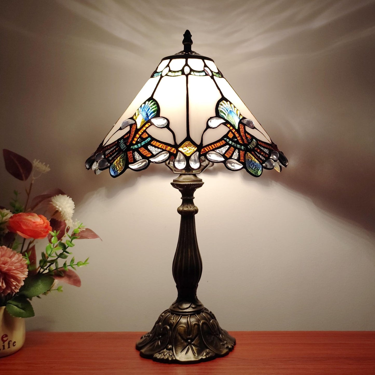 XPHMXP Tiffany Lamp White Baroque Style Stained Glass Lamp 12X12X19 inch Vintage Bedroom Table lamp 3-Way Tiffany Style Reading Desk Light for Home Living Room Office Include Light Bulb