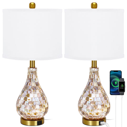 TPAMSWO Modern Coastal Table Lamps Set of 2, Natural Mother of Pearl Tiles 23.5" Bedside Lamp, for Bedroom Living Room Home Nightstand Table Lamp(with USB C+A 5V 2.1A Charging Ports)