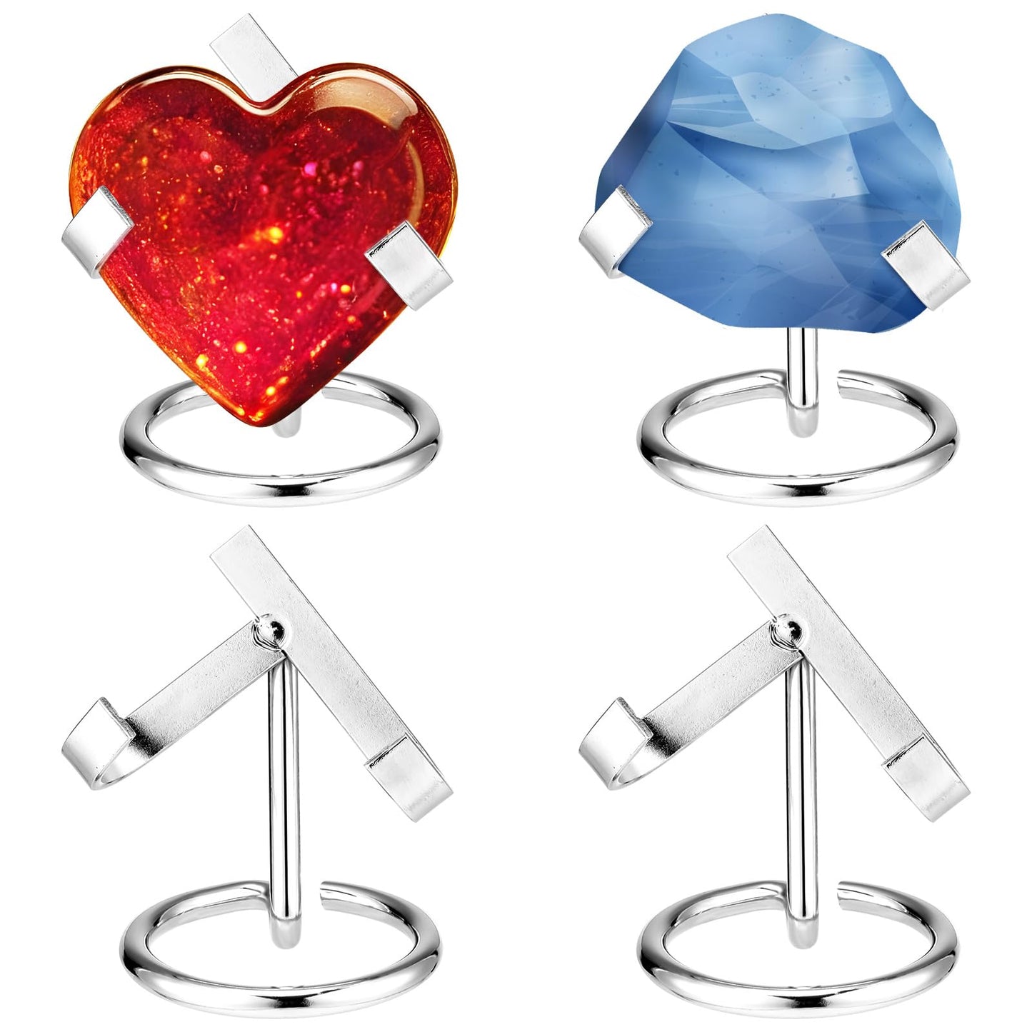 Shimeyao 4 Pcs Metal Crystal Heart Stone Stand Crystal Ball Holder Rock Display Stand Mineral Specimen Display Easel Holder for Gemstones Fossils Agate Slabs Plates (Silver,2 x 2.36 x 2.56 Inch)